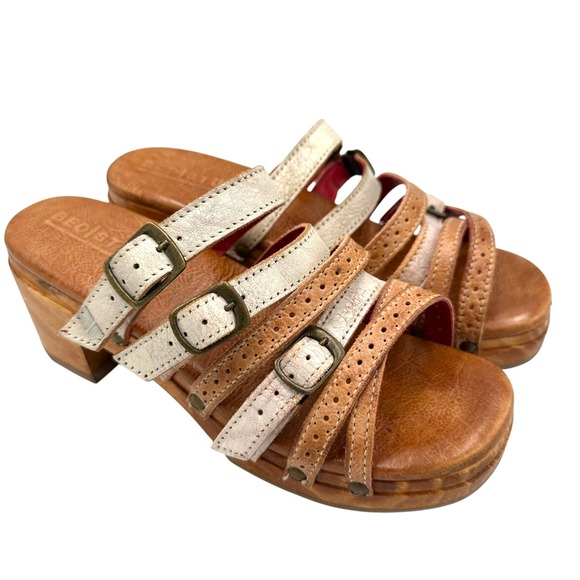 BED STU Women's Strappy Wedge Mules Sandals Size 8.5 Tan Leather Buckle - Picture 1 of 8